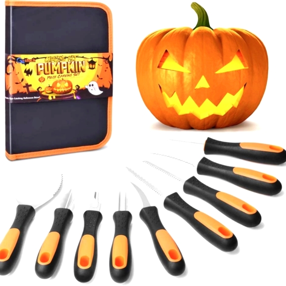 Heavy Duty Stainless Steel Pumpkin Carving Kit, Soft Grip Rubber Handle, 9 Piece - Picture 1 of 4